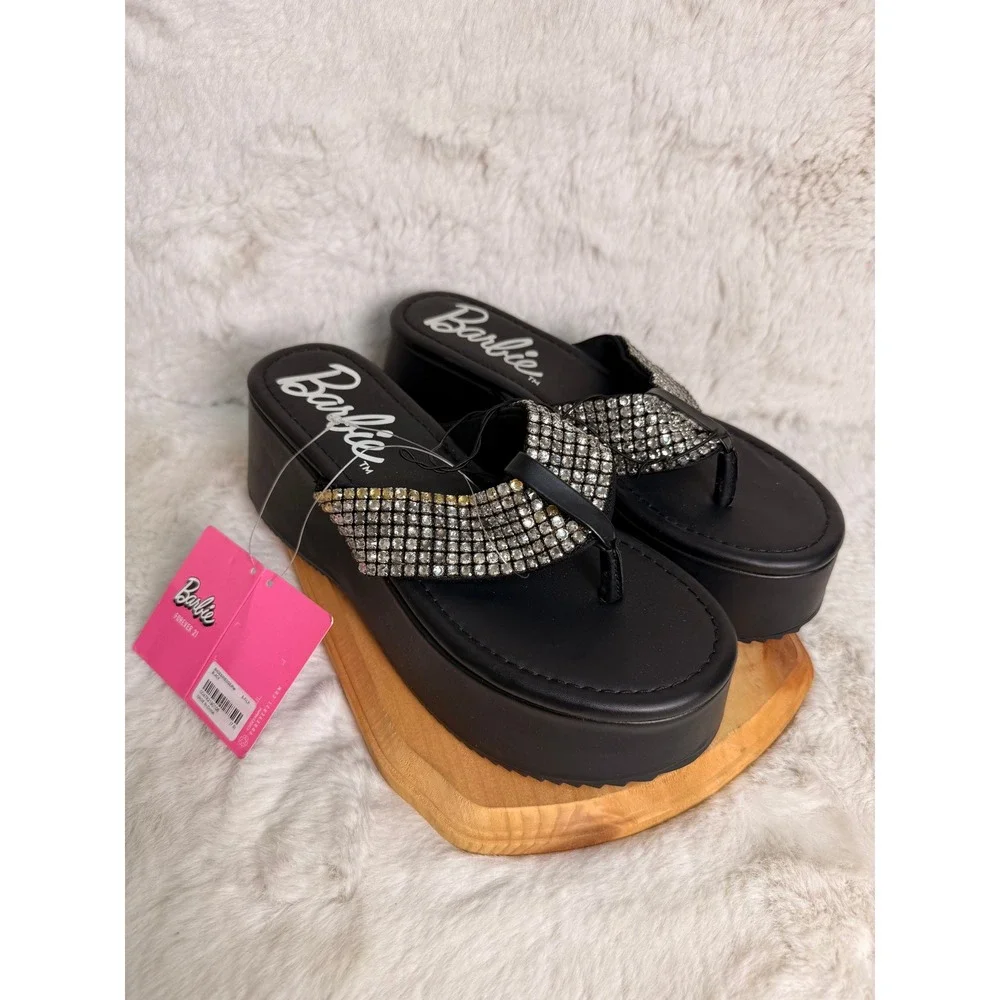 Barbie Forever 21 Rhinestone Platform Wedge Sandals Black Size 7.5 Thong Dscnt